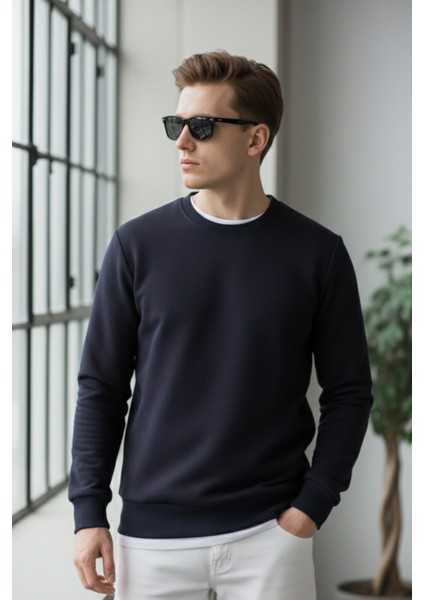 Pamuklu Erkek Sweatshirt Lacivert Soft Touch Relax Fit Basic Bisiklet Yaka 3 Iplik Nefes Alan