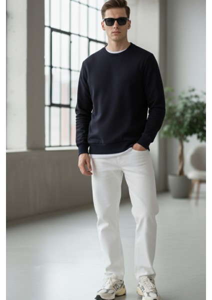Pamuklu Erkek Sweatshirt Lacivert Soft Touch Relax Fit Basic Bisiklet Yaka 3 Iplik Nefes Alan fiyatları