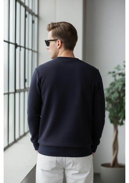 Pamuklu Erkek Sweatshirt Lacivert Soft Touch Relax Fit Basic Bisiklet Yaka 3 Iplik Nefes Alan indirimleri