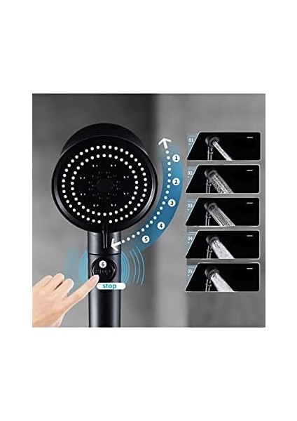 Turbo Power Siyah Pervaneli 5 Fonksiyonlu Yüksek Basınçlı Mat Siyah Duş Başlığı El Duşu - modelleri