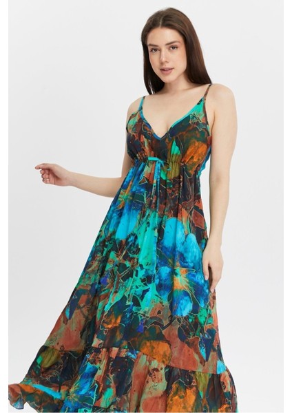 Yaprak Desenli Askılı Uzun Elbise – Renkli ve Şık Yaz Tarzı indirimleri