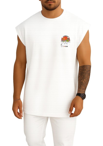 Oversize Funny Dog With Hat And Headphones Cep ve Sırt Tasarımlı Atlet