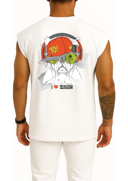 Oversize Funny Dog With Hat And Headphones Cep ve Sırt Tasarımlı Atlet fiyatları