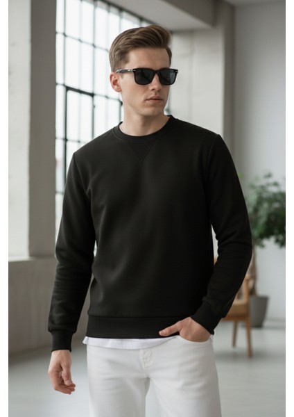 Pamuklu Erkek Sweatshirt Siyah Soft Touch Relax Fit Basic Bisiklet Yaka 3 Iplik Nefes Alan