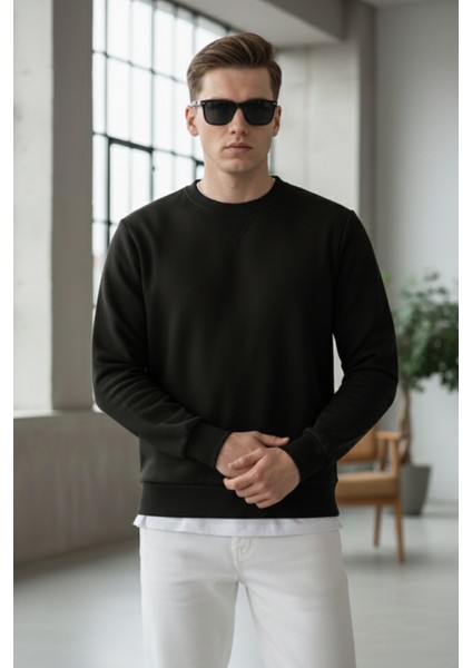 Pamuklu Erkek Sweatshirt Siyah Soft Touch Relax Fit Basic Bisiklet Yaka 3 Iplik Nefes Alan fırsatları