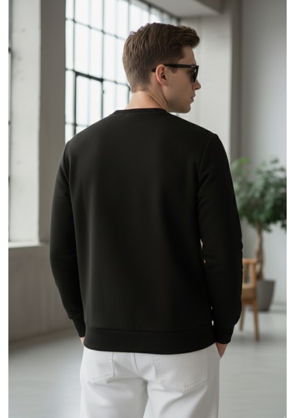 Pamuklu Erkek Sweatshirt Siyah Soft Touch Relax Fit Basic Bisiklet Yaka 3 Iplik Nefes Alan indirimleri