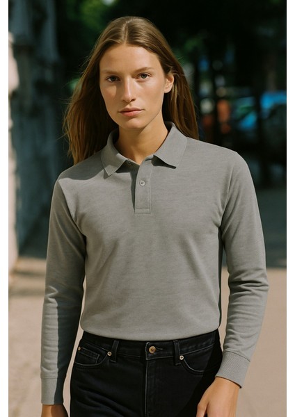 Uzun Kollu Düğme Detaylı Pamuklu Polo Yaka Okul Sweat