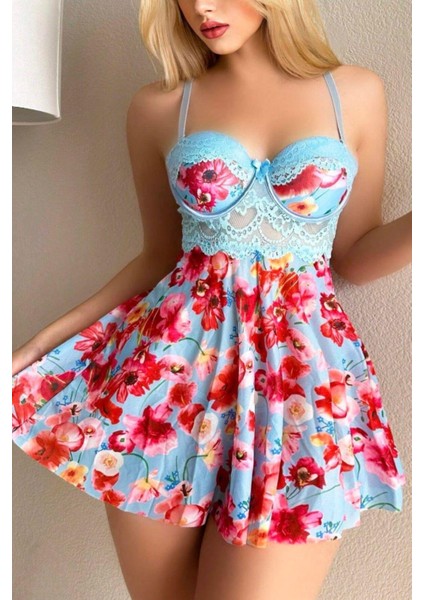 Mavi Çiçek Desenli Askılı Mini Pinterest Gecelik Micro Kumaş