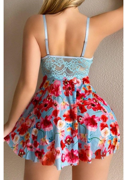 Mavi Çiçek Desenli Askılı Mini Pinterest Gecelik Micro Kumaş fiyatları