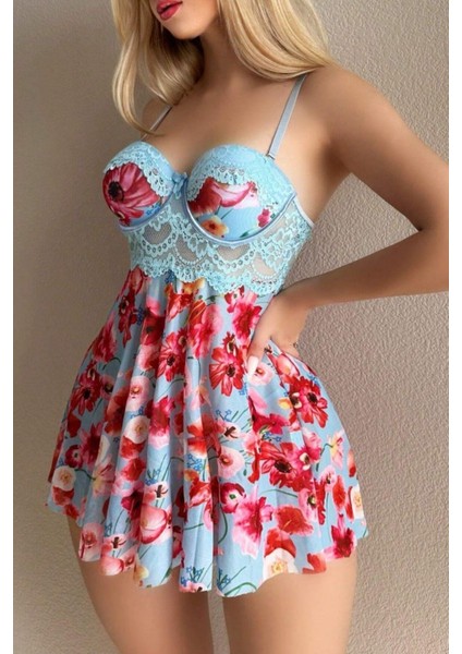 Mavi Çiçek Desenli Askılı Mini Pinterest Gecelik Micro Kumaş modelleri