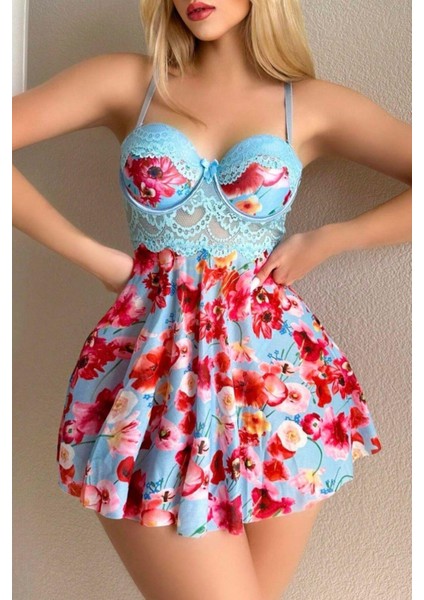 Mavi Çiçek Desenli Askılı Mini Pinterest Gecelik Micro Kumaş fırsatları