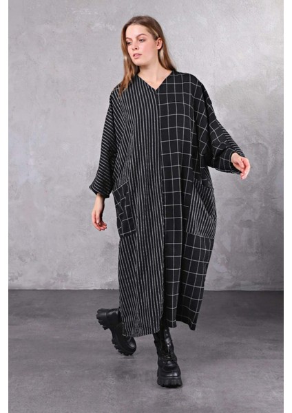 Çizgili Kare Desenli Oversize Cepli Elbise modelleri