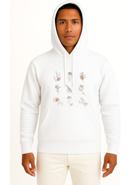 Kapüşonlu Flowers Line Art Botanical Watercolor Göğüs ve Sırt Tasarımlı Unisex Sweatshirt