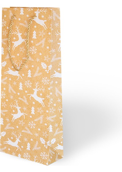1 Adet 12X35 Lüks Karton Çanta Varak Baskılı -Yılbaşı- Geyik Desenli