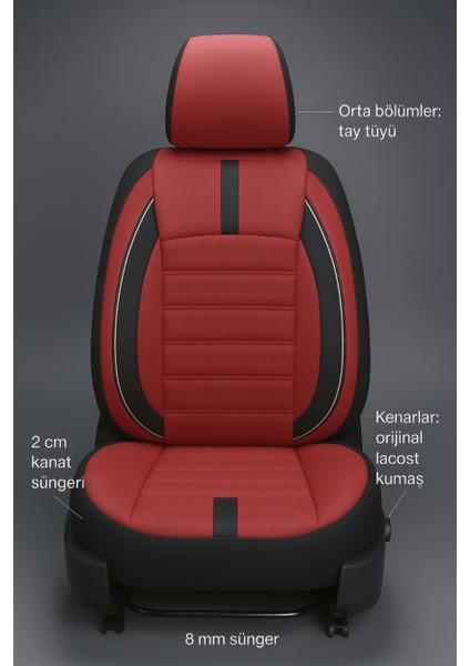 Hyundai Accent (3/5 Kapı) 1994–1999 Uyumlu - Tay Tüyü Orta + Lacost Kenar, 8 mm Süngerli Oto Koltuk Kılıfı Kırmızı Siyah (2 cm Yan Destek) fiyatları