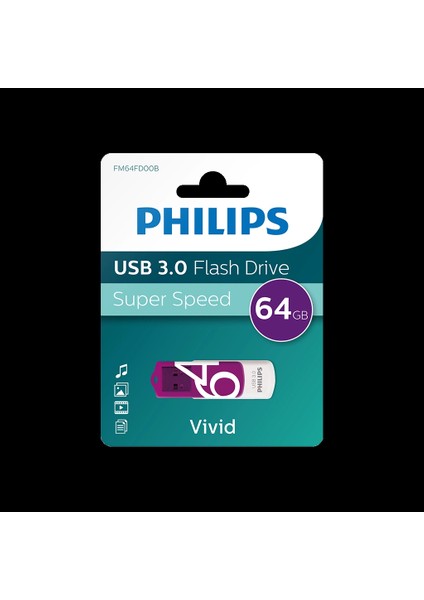 Phılıps FM64FD00B, 64GB, USB 3.0, Vivid, Mor, Flash Disk