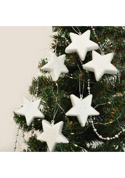 Yılbaşı Ağaç Süsü Simli Beyaz Yıldız 6lı