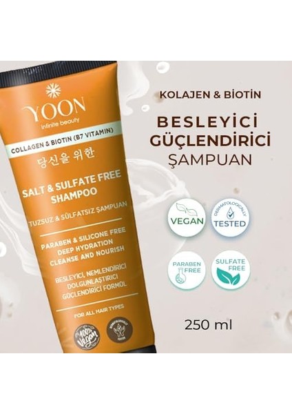 Yoon Sülfatsız ve Tuzsuz Şampuan, Kolajen Biotin B7 Içerikli Parabensiz, Güçlendiren Besleyici ve Nemlendirici Vegan Şampuan 250ML fiyatları
