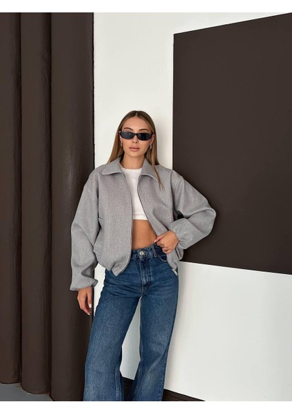 Zr Bomber Crop Gri Kaşe Ceket