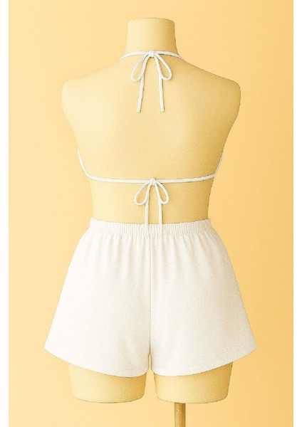 Kadın Beyaz Şortlu Belden ve Boyundan Bağlamalı Bikini Takımı modelleri