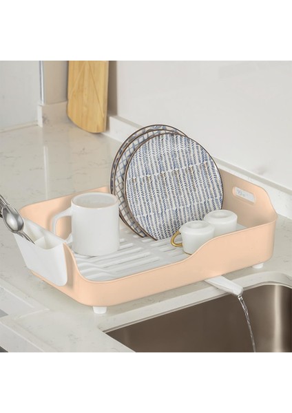 AKL-060 Bej Lüks Tabaklık Bulaşıklık-Yönlendirilebilir Su Akıtma Kanallı Bulaşık Sepeti-Kaşıklıklı