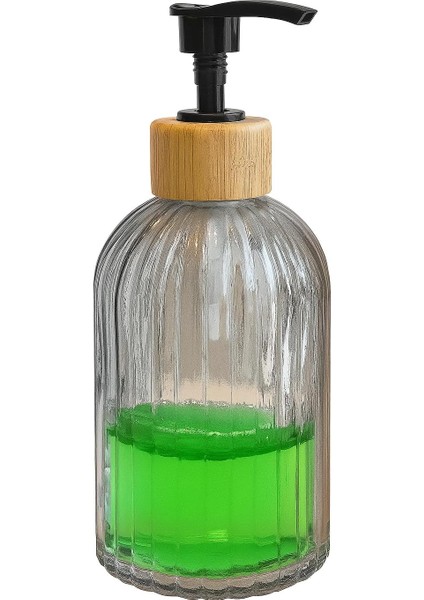 Cam Sıvı Sabunluk – Bambu Başlıklı | Şeffaf Cam Gövde |, Mutfak ve Lavabo Üstü Kullanım Için Modern Pompalı Sabun Dispenseri 300 ml