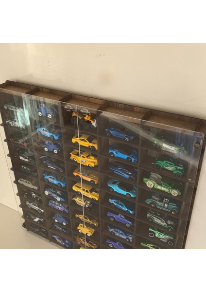 Kapaklı 1/64 Ölçek 50ARAÇ Hotwheels Matchbox Metal Araç Uyumlu Model Oyuncak Araba Rafı-Ceviz