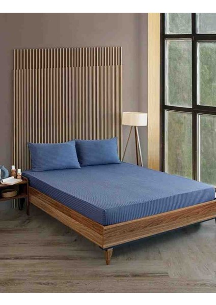 Pamuk Saten Çizgili 1 Adet Lastikli Çarşaf 2 Adet Yastık Kılıfı Indigo Mavi Renk