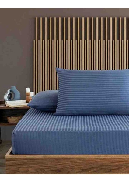 Pamuk Saten Çizgili 1 Adet Lastikli Çarşaf 2 Adet Yastık Kılıfı Indigo Mavi Renk fiyatları