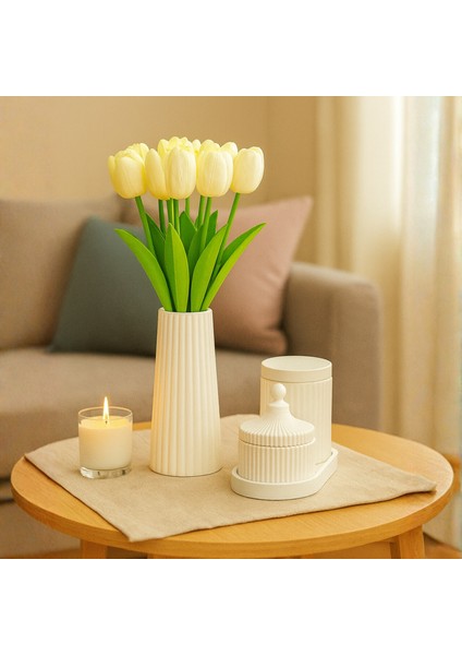 El Yapımı Modern Çizgili Dekoratif Set – Vazo, Kapaklı Kutu, Mumluk ve Tepsi (6 Parça)