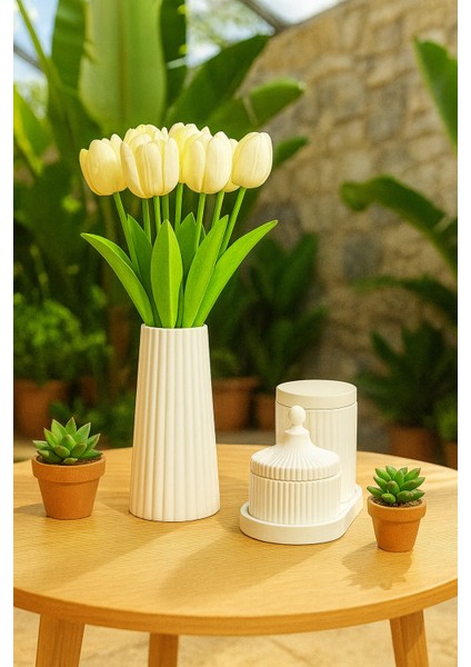 El Yapımı Modern Çizgili Dekoratif Set – Vazo, Kapaklı Kutu, Mumluk ve Tepsi (6 Parça) modelleri