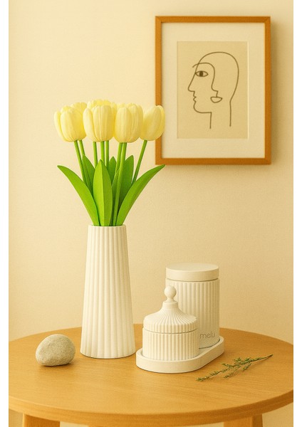 El Yapımı Modern Çizgili Dekoratif Set – Vazo, Kapaklı Kutu, Mumluk ve Tepsi (6 Parça) fırsatları