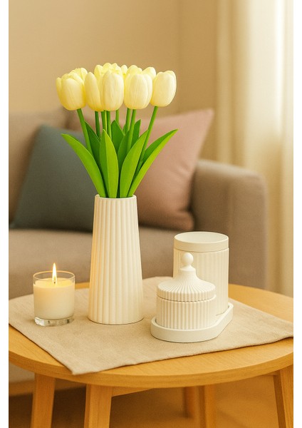 El Yapımı Modern Çizgili Dekoratif Set – Vazo, Kapaklı Kutu, Mumluk ve Tepsi (6 Parça) indirimleri