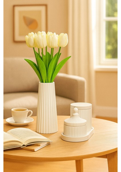 El Yapımı Modern Çizgili Dekoratif Set – Vazo, Kapaklı Kutu, Mumluk ve Tepsi (6 Parça)