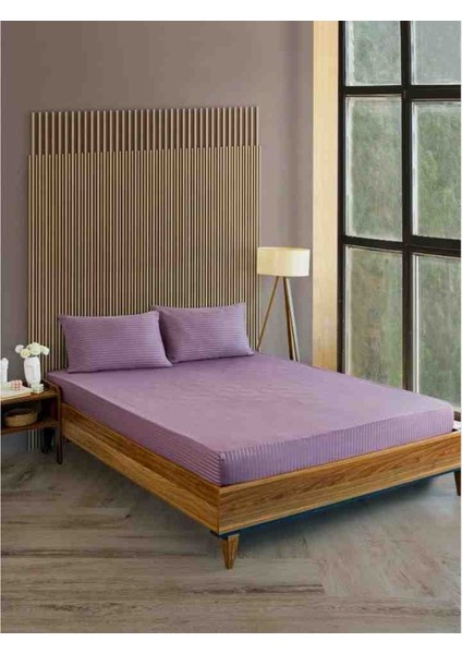 Pamuk Saten Çizgili 1 Adet Lastikli Çarşaf 2 Adet Yastık Kılıfı Seti Mürdüm Renk