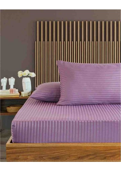 Pamuk Saten Çizgili 1 Adet Lastikli Çarşaf 2 Adet Yastık Kılıfı Seti Mürdüm Renk fiyatları