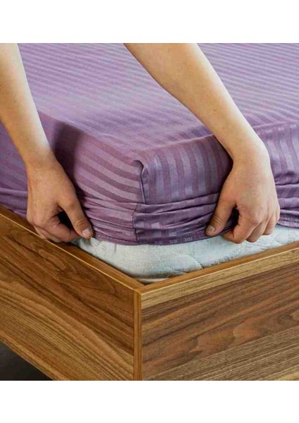 Pamuk Saten Çizgili 1 Adet Lastikli Çarşaf 2 Adet Yastık Kılıfı Seti Mürdüm Renk modelleri