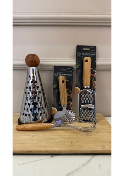 Çelik Set 4 Lü - Ahşap Topuz Rende + Ahşap Saplı Rende + Çırpıcı + Ikili Rolet modelleri