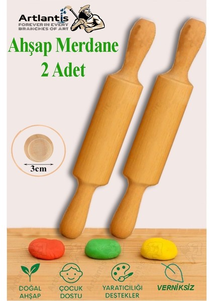 Ahşap Merdane 17 cm 2 Adet Okul Öncesi Oyun Hamuru Şekillendirici ve Gıda Için Uygun Naturel Merdane Seti