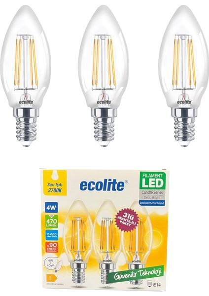 4W LED Filament Mum Ampul, E14 Duy, 2700K Sarı Işık, 470 Lümen, Şeffaf Cam, Akkor Görünümlü Dekoratif Lamba, 3'lü Paket