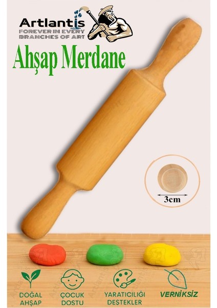 Ahşap Merdane 17 cm 1 Adet Okul Öncesi Oyun Hamuru Şekillendirici ve Gıda Için Uygun Naturel Merdane Seti