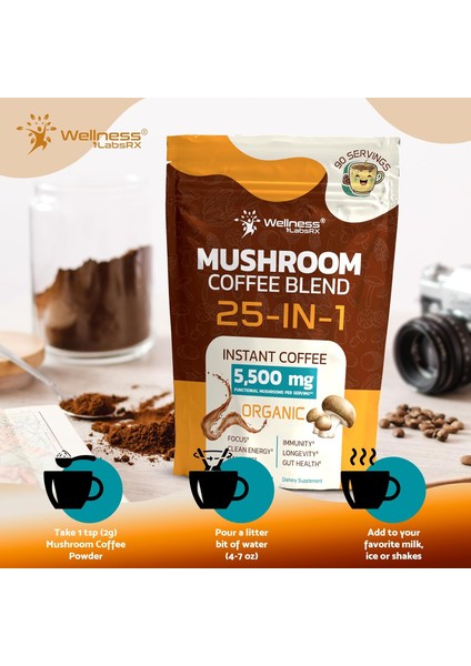 Wellness Labs Reishi Mushroom Coffee In-1 Lions Mane Shiitake 90 Servings