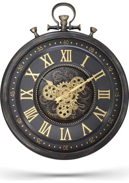 Mark Premium Serisi Eskitme Kadranlı Döner Çarklı 60 Santimetre Köstekli Ev ve Ofis Duvar Saati, Roma Rakamlı,