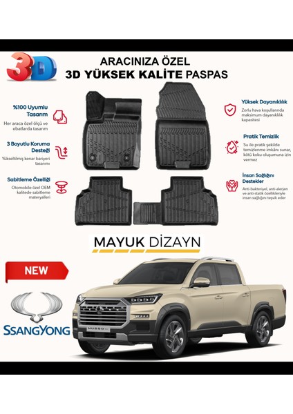 Ssangyong Musso Grand 2018 Sonrası Myk 3D Premium Havuzlu Oto Paspas Araca Özel