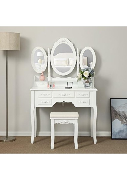 3 Aynalı ve Tabureli Tuvalet Masası, 7 Çekmece, Eğim Koruması, Lüks, 145 x 90 x 40 Cm, Beyaz RDT91W fiyatları