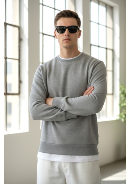 Pamuklu Erkek Sweatshirt Gri Soft Touch Relax Fit Basic Bisiklet Yaka 3 Iplik Nefes Alan fırsatları