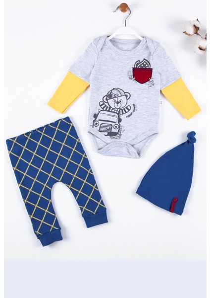 Cep Nakışlı Bear Desenli 3'lü % 100 Pamuklu Erkek Takım