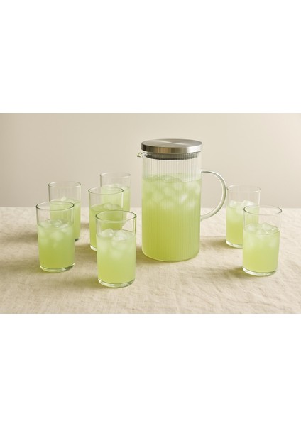 7 Parca Su Setı 1.500 cc Surahı + 6 x 380 cc Mesrubat Bardagı-Metal Kapaklı Borosılıkat Cam