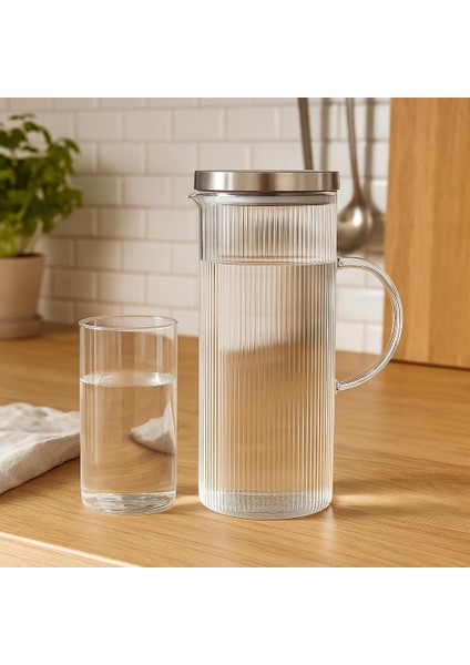 7 Parca Su Setı 1.500 cc Surahı + 6 x 380 cc Mesrubat Bardagı-Metal Kapaklı Borosılıkat Cam fiyatları