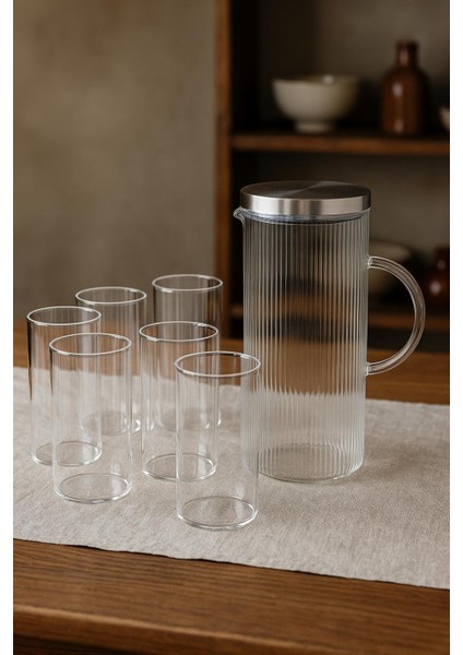 7 Parca Su Setı 1.500 cc Surahı + 6 x 380 cc Mesrubat Bardagı-Metal Kapaklı Borosılıkat Cam modelleri